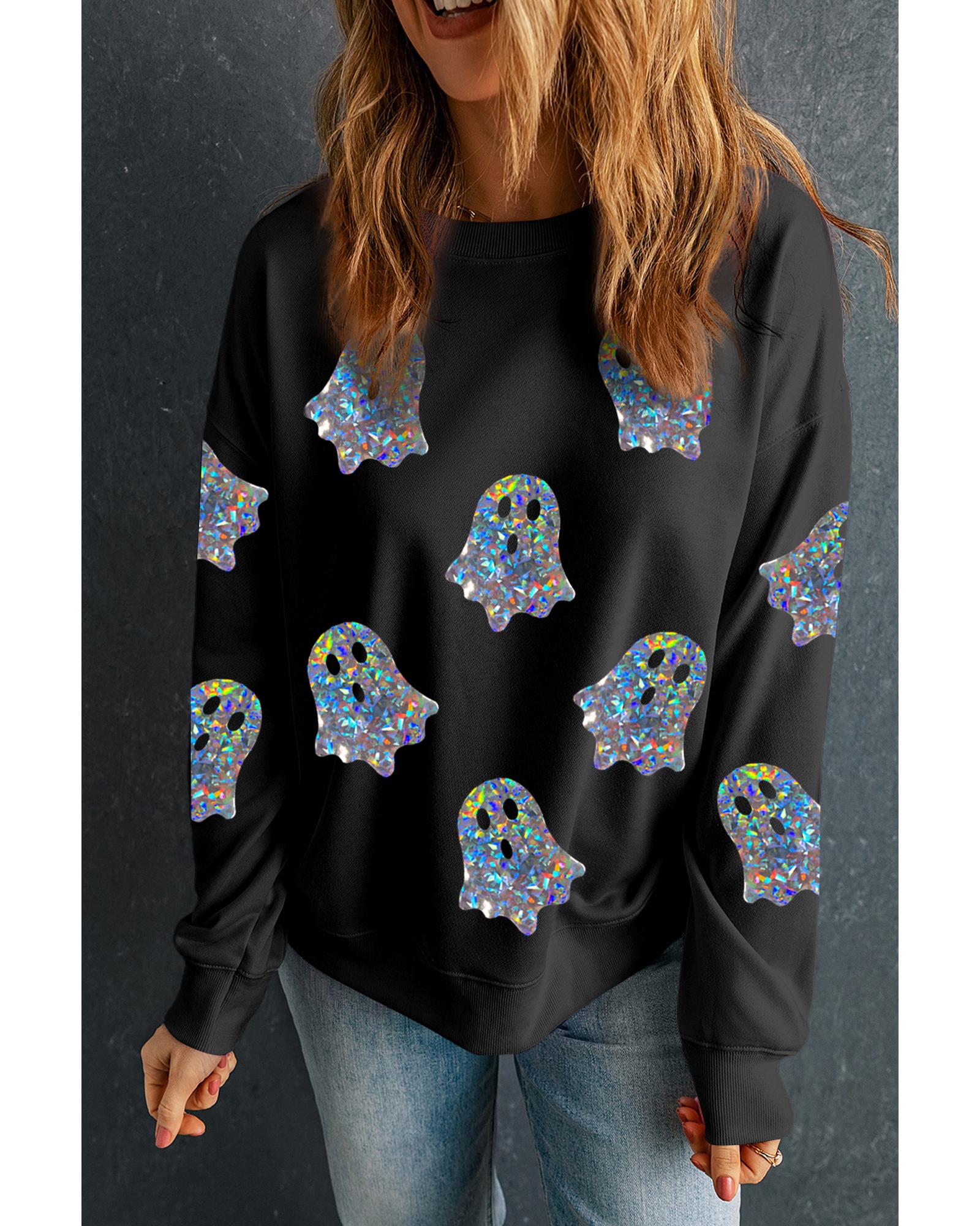Black Glitter Ghosts Pattern Long Sleeve Halloween Sweatshirt - Image 2