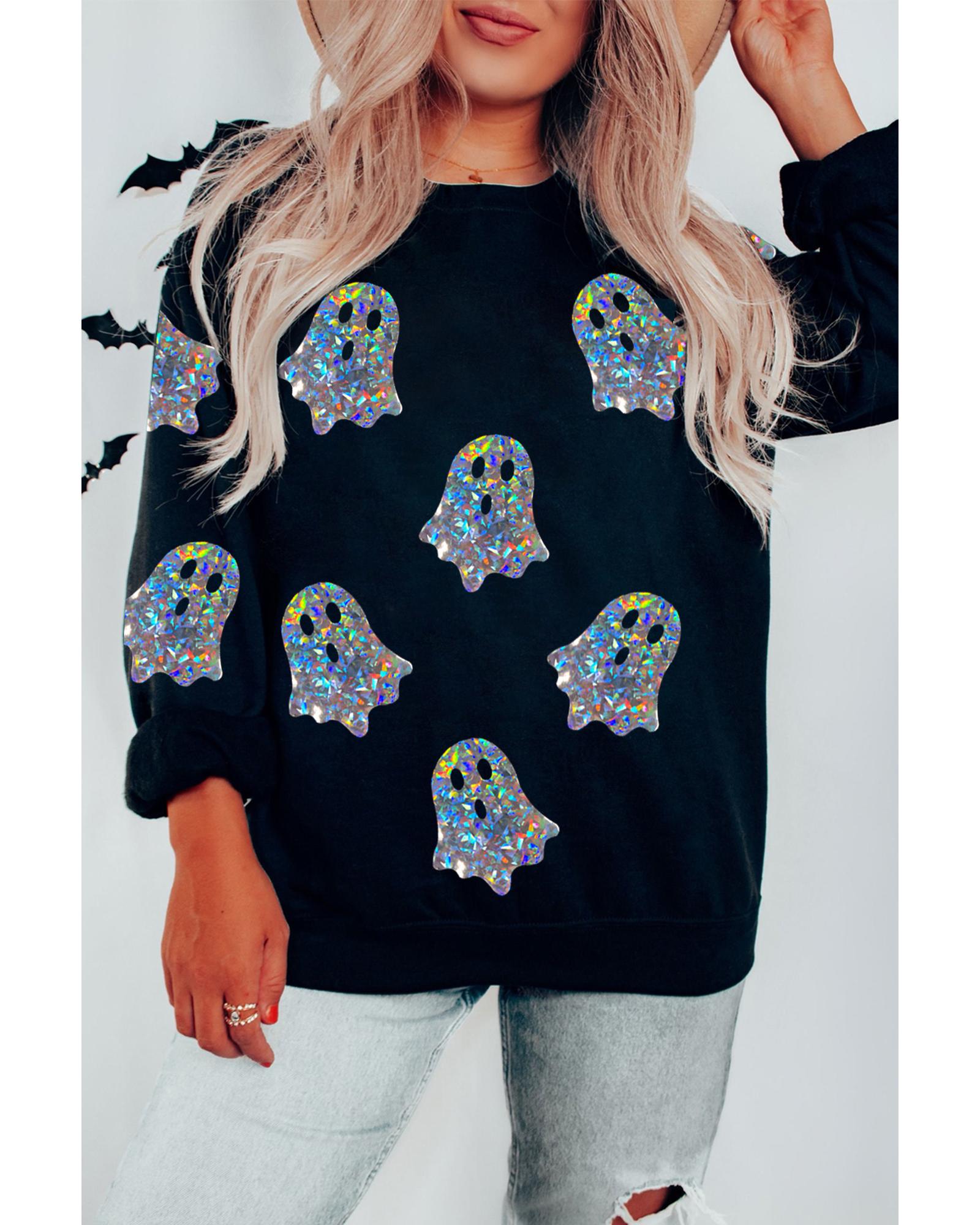 Black Glitter Ghosts Pattern Long Sleeve Halloween Sweatshirt - Image 3