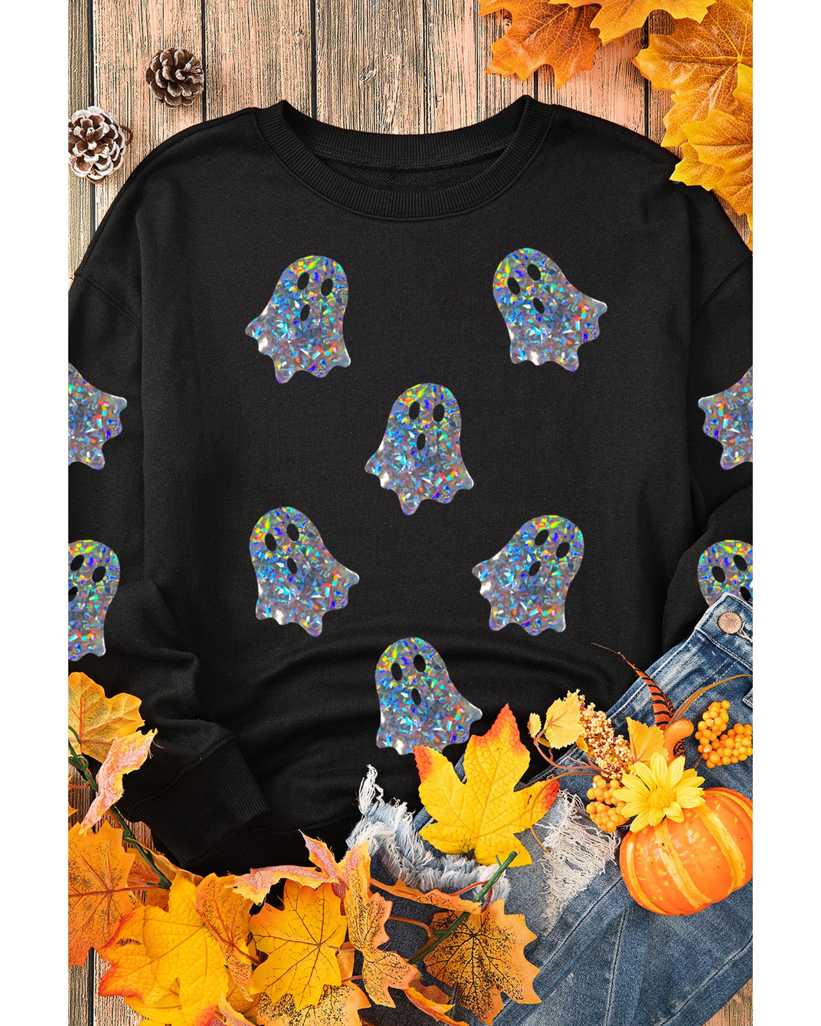 Black Glitter Ghosts Pattern Long Sleeve Halloween Sweatshirt - Image 4
