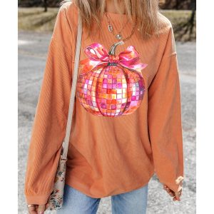 Orange Bow Pumpkin Graphic Crewneck Corded Thanksgiving Sweatshirt