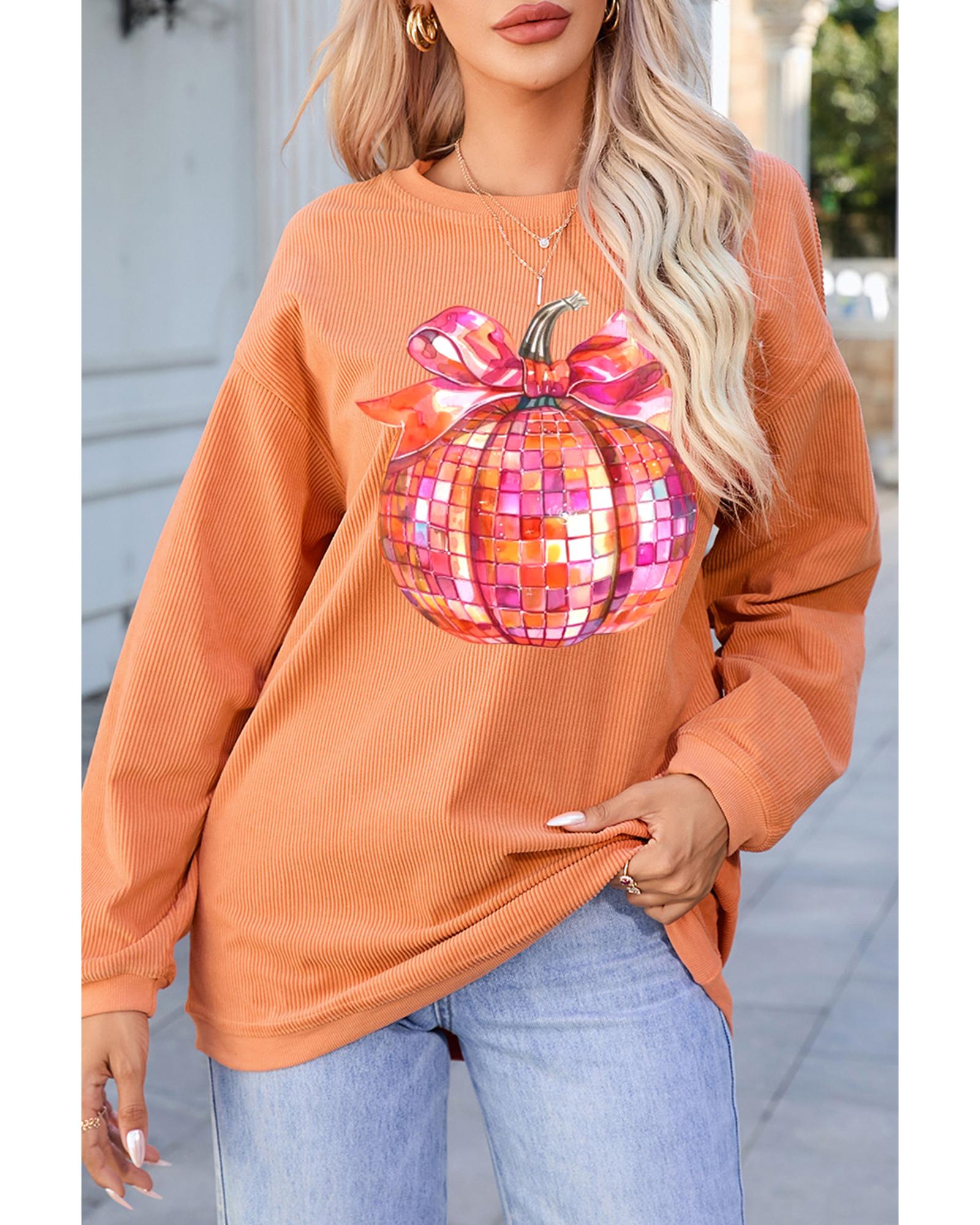 Orange Bow Pumpkin Graphic Crewneck Corded Thanksgiving Sweatshirt - Image 3