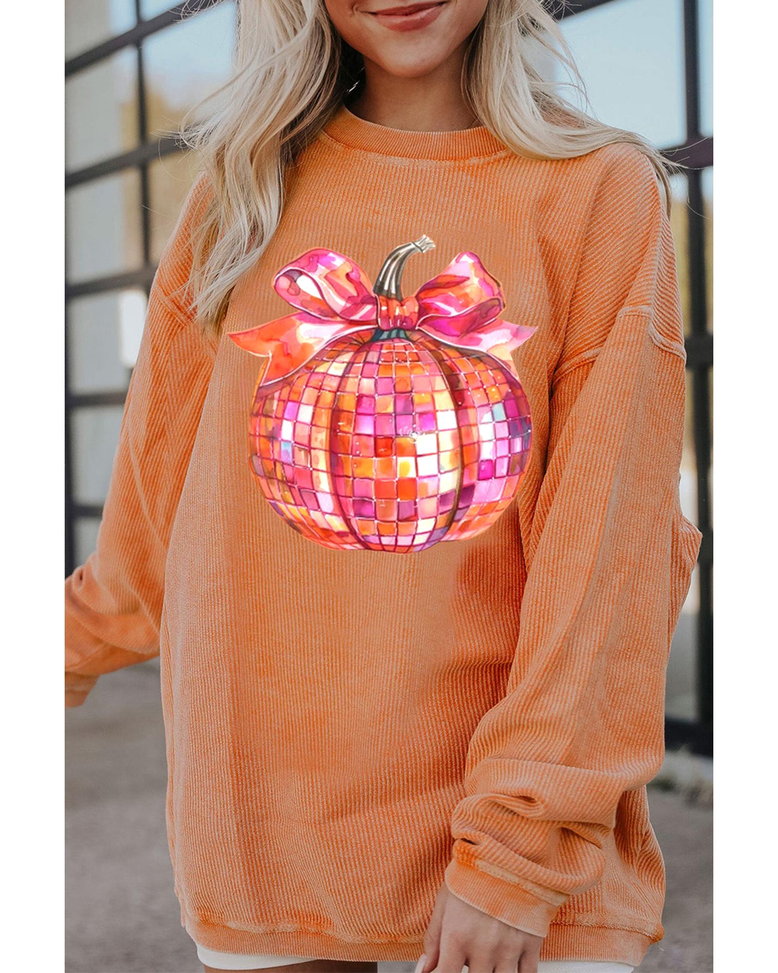 Orange Bow Pumpkin Graphic Crewneck Corded Thanksgiving Sweatshirt - Image 4