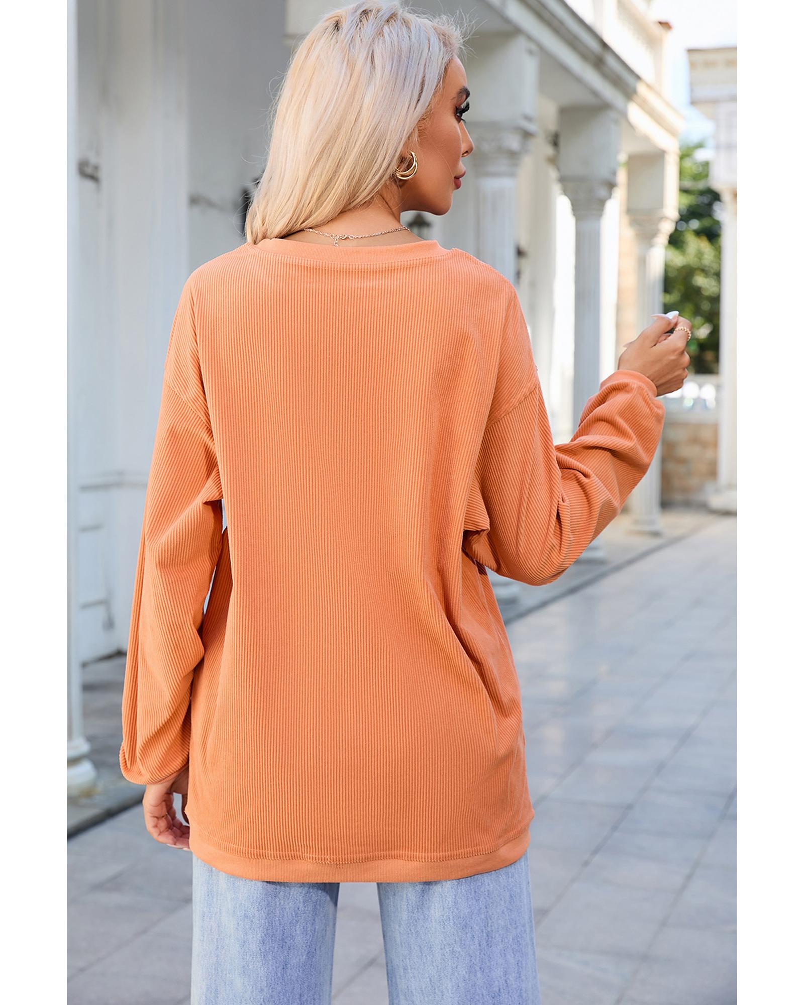 Orange Bow Pumpkin Graphic Crewneck Corded Thanksgiving Sweatshirt - Image 5