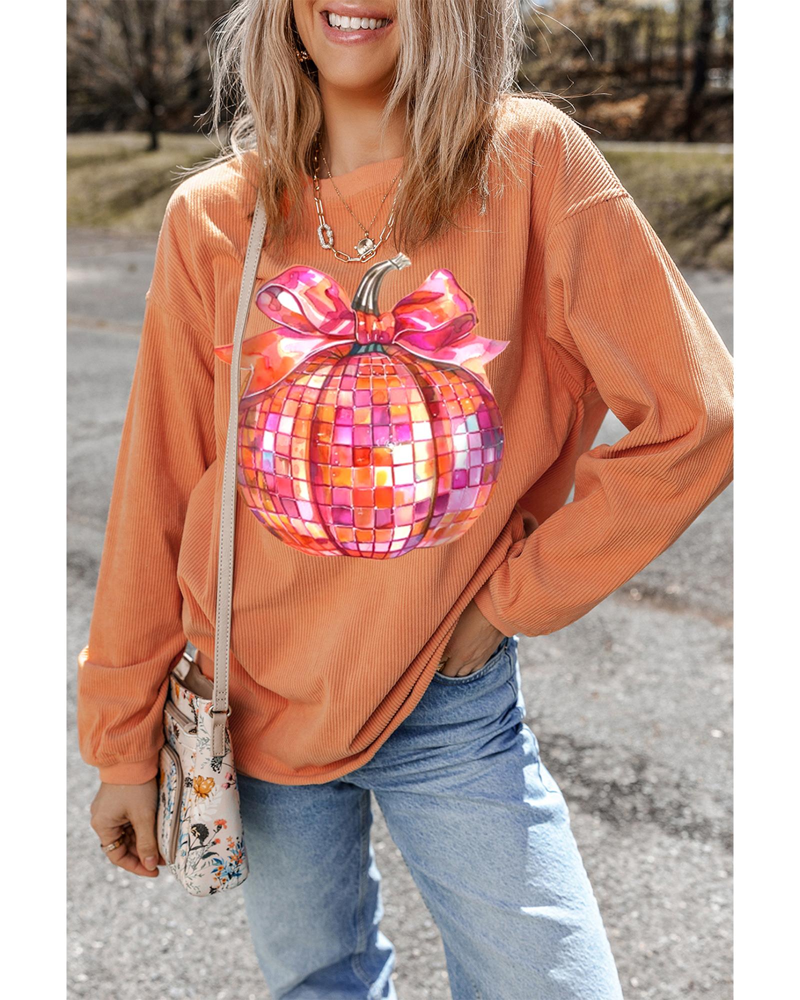 Orange Bow Pumpkin Graphic Crewneck Corded Thanksgiving Sweatshirt - Image 7