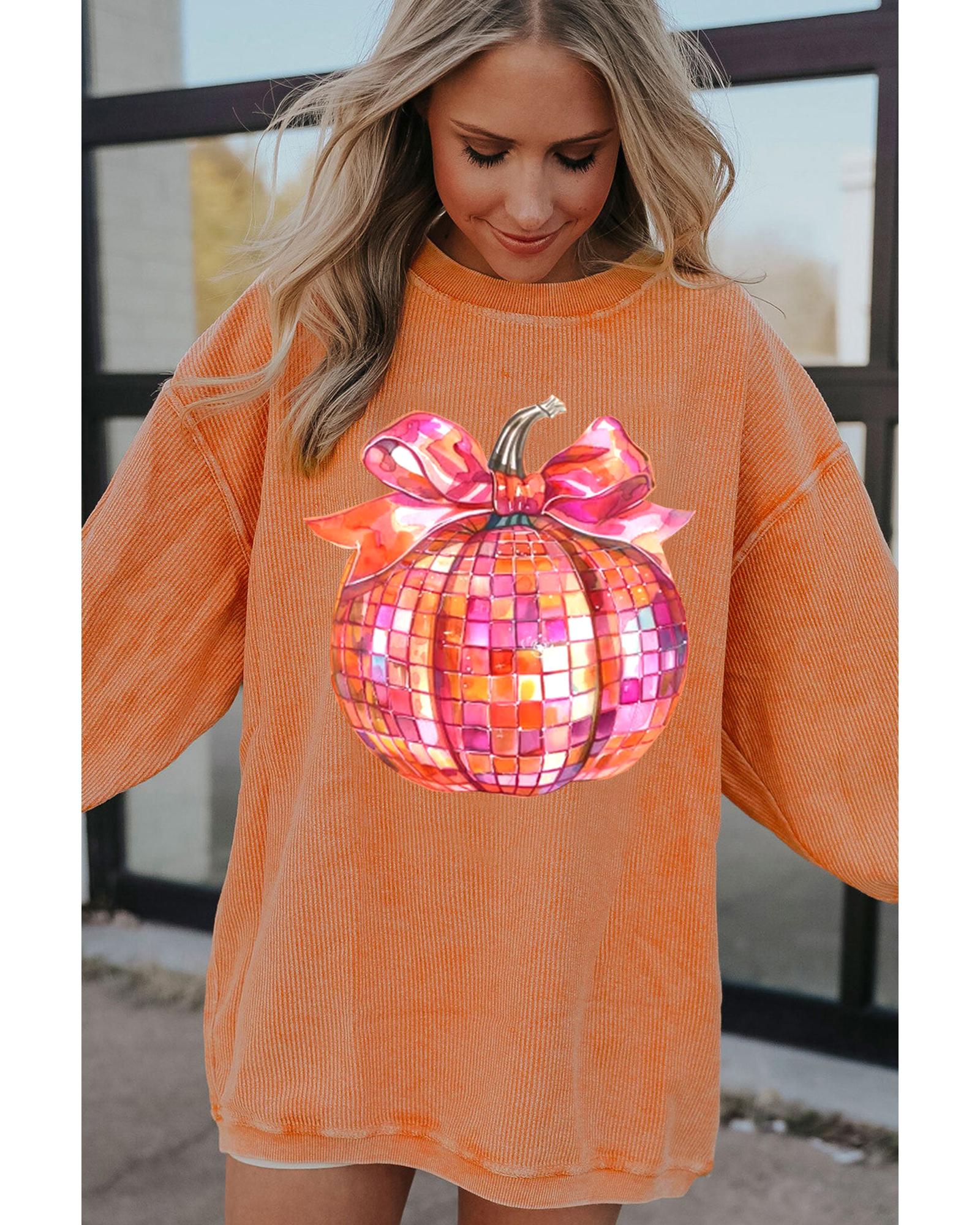 Orange Bow Pumpkin Graphic Crewneck Corded Thanksgiving Sweatshirt - Image 8