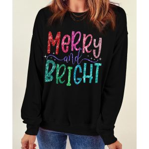 Black Glittering Merry and Bright Graphic Christmas Pullover Sweatshirt