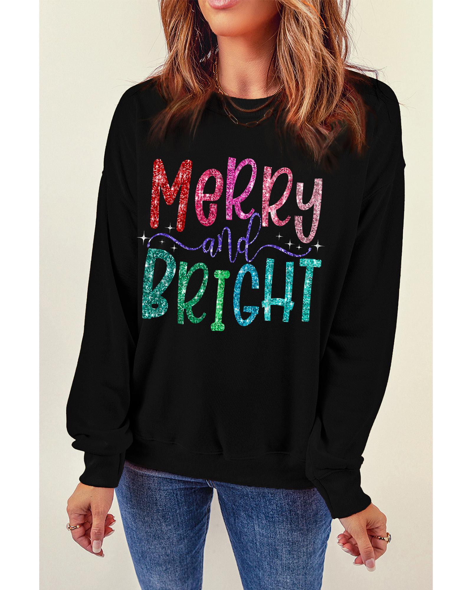 Black Glittering Merry and Bright Graphic Christmas Pullover Sweatshirt