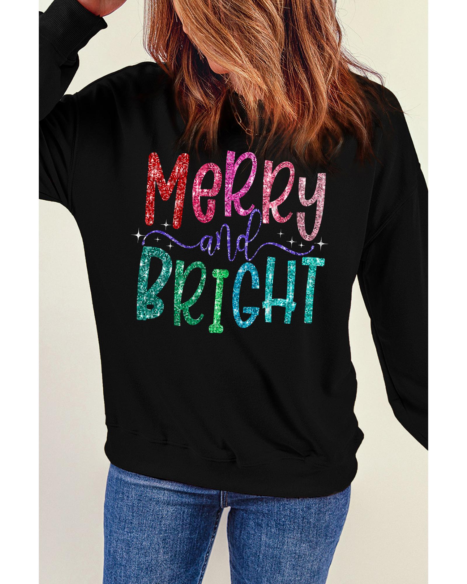Black Glittering Merry and Bright Graphic Christmas Pullover Sweatshirt - Image 2