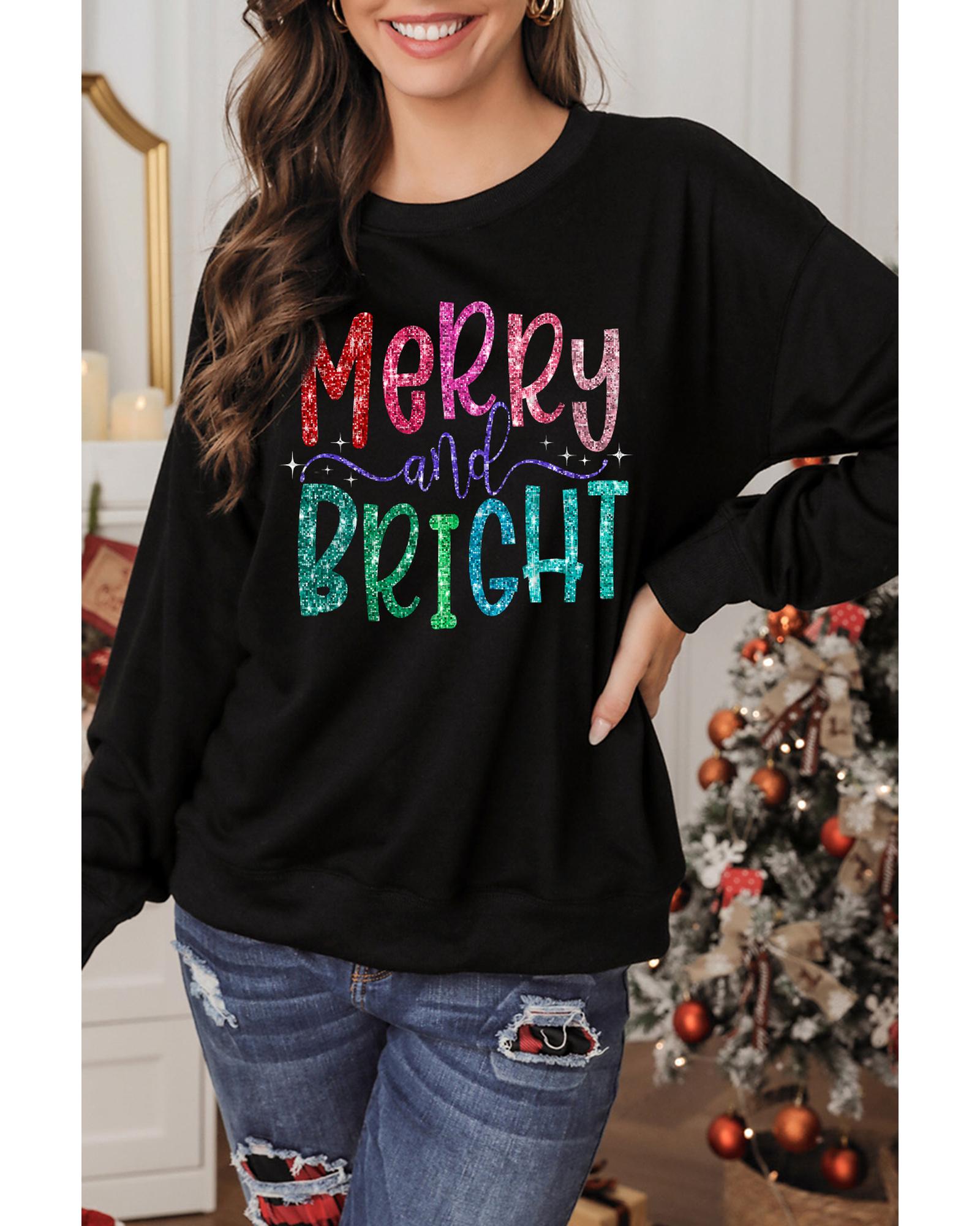 Black Glittering Merry and Bright Graphic Christmas Pullover Sweatshirt - Image 3