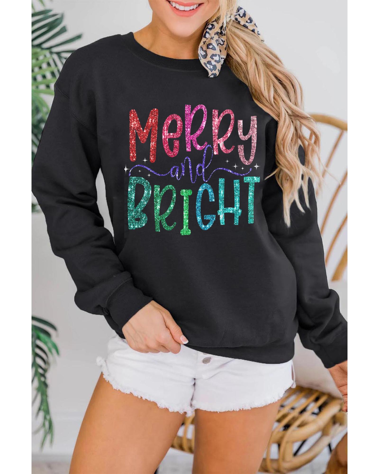 Black Glittering Merry and Bright Graphic Christmas Pullover Sweatshirt - Image 6
