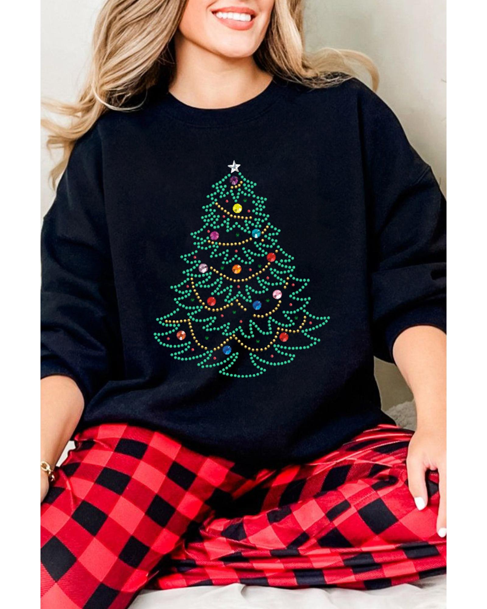 Black Rhinestone Christmas Tree Graphic Pullover Sweatshirt - Image 2