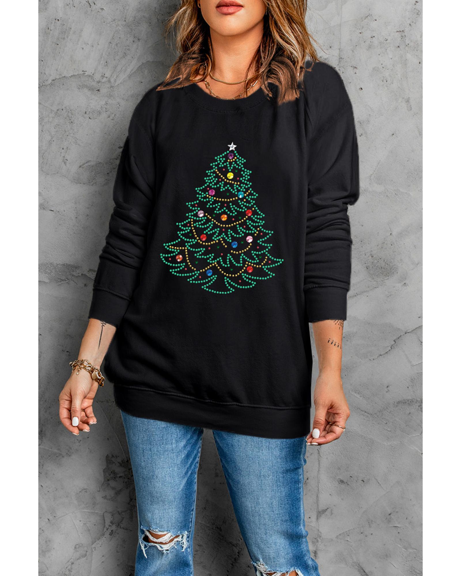 Black Rhinestone Christmas Tree Graphic Pullover Sweatshirt - Image 3