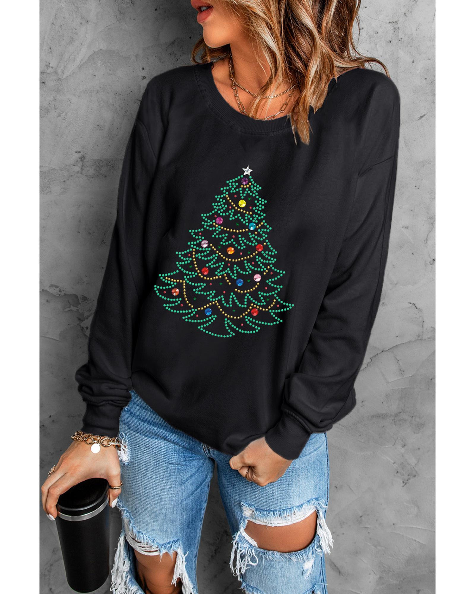 Black Rhinestone Christmas Tree Graphic Pullover Sweatshirt - Image 4