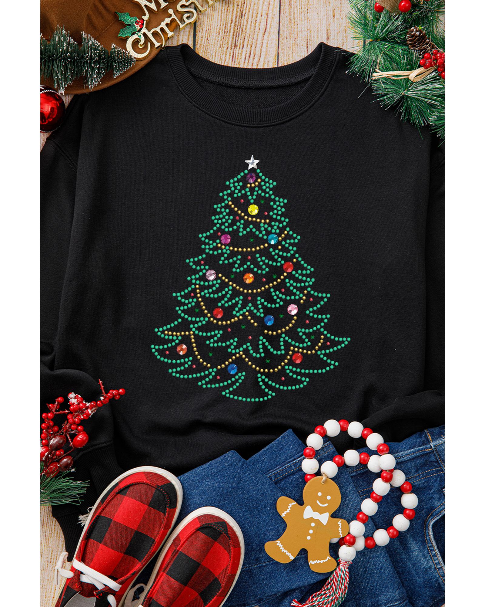 Black Rhinestone Christmas Tree Graphic Pullover Sweatshirt - Image 5
