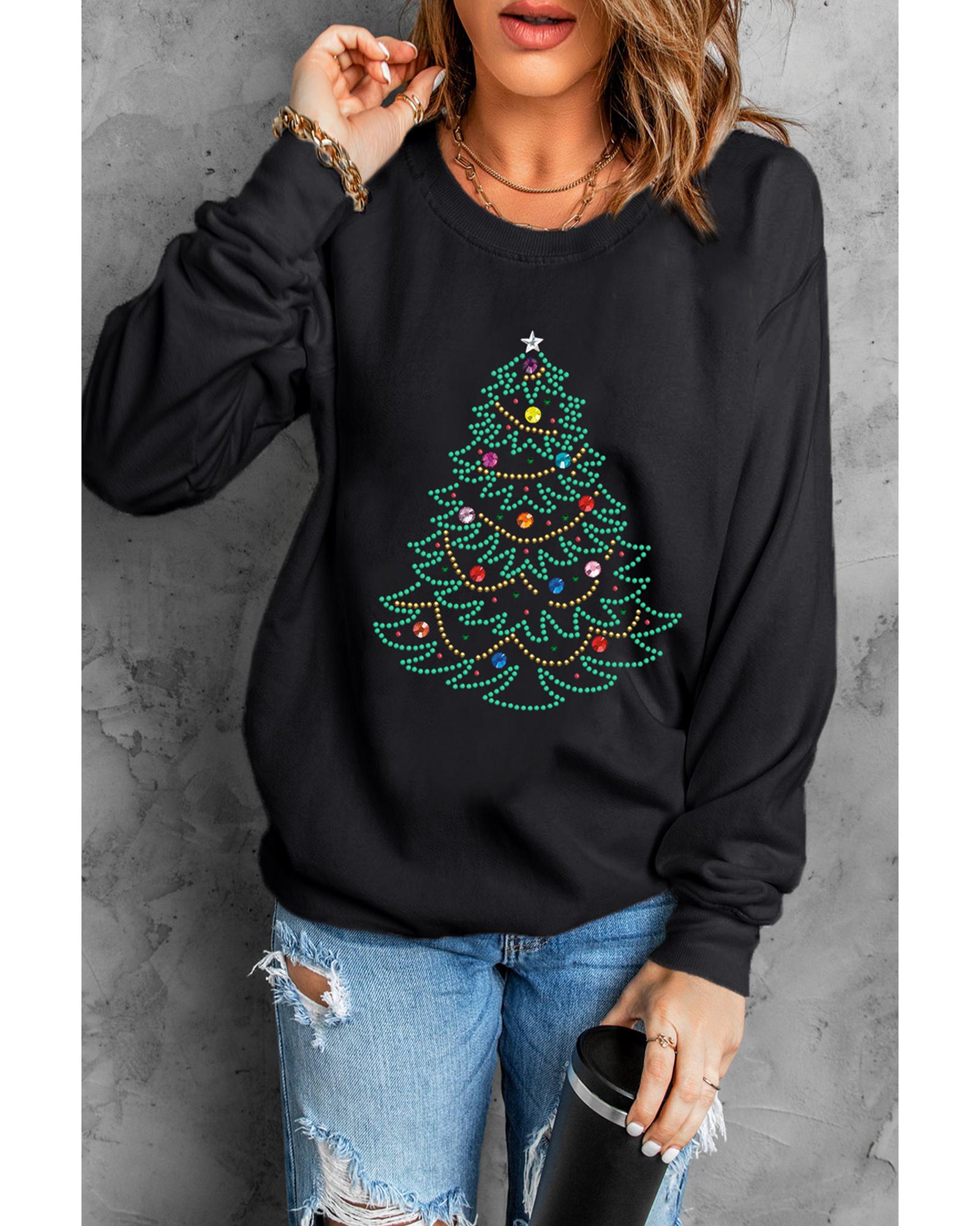 Black Rhinestone Christmas Tree Graphic Pullover Sweatshirt - Image 6