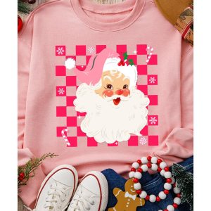 Pink Fancy Checkered Father Christmas Graphic Sweatshirt