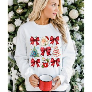 Beige Christmas Tree Bowknot Santa Clause Graphic Holiday Sweatshirt