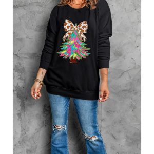 Black Bowknot Christmas Tree Shiny Graphic Sweatshirt
