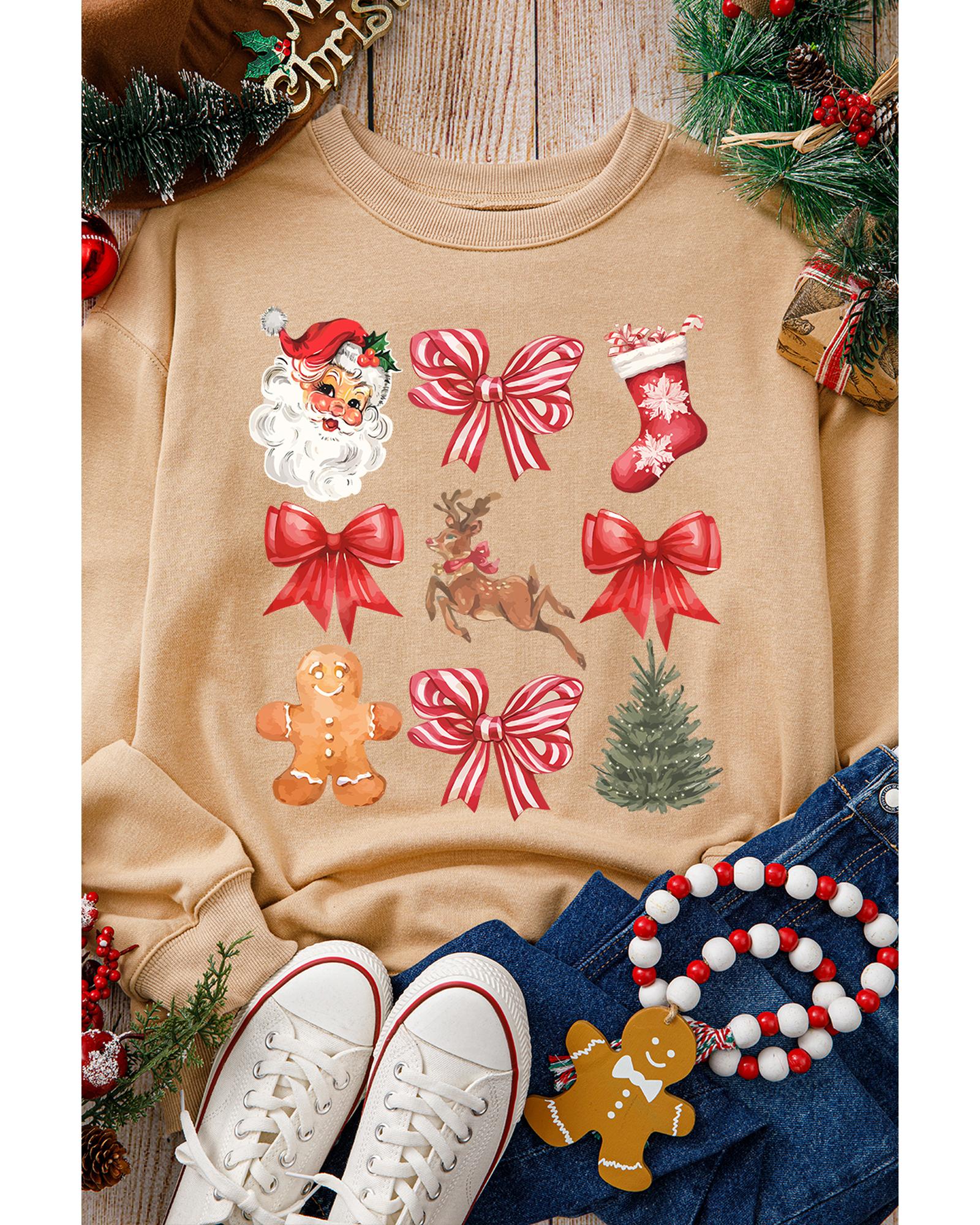 Khaki Christmas Pattern Graphic Crew Neck Sweatshirt