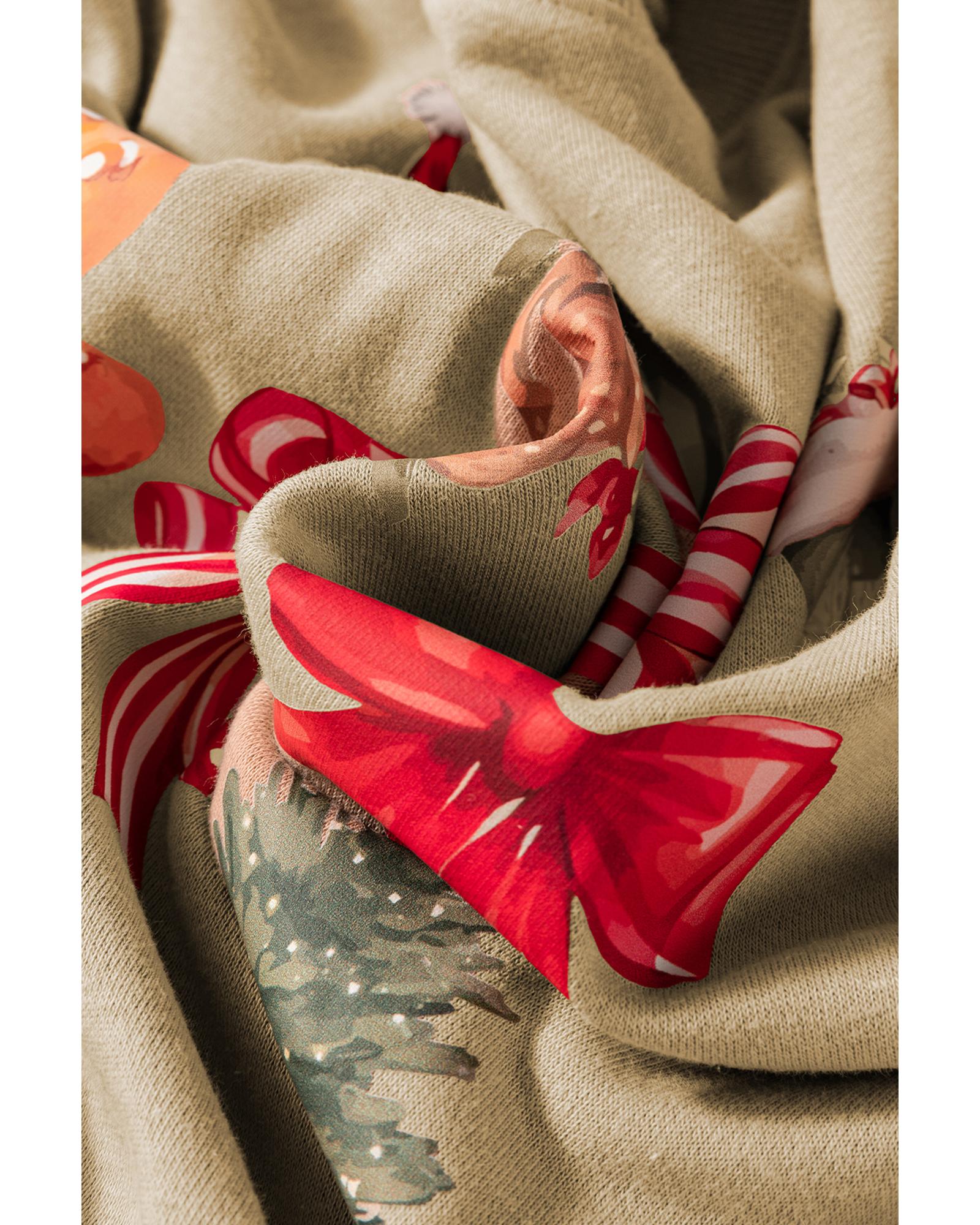 Khaki Christmas Pattern Graphic Crew Neck Sweatshirt - Image 2