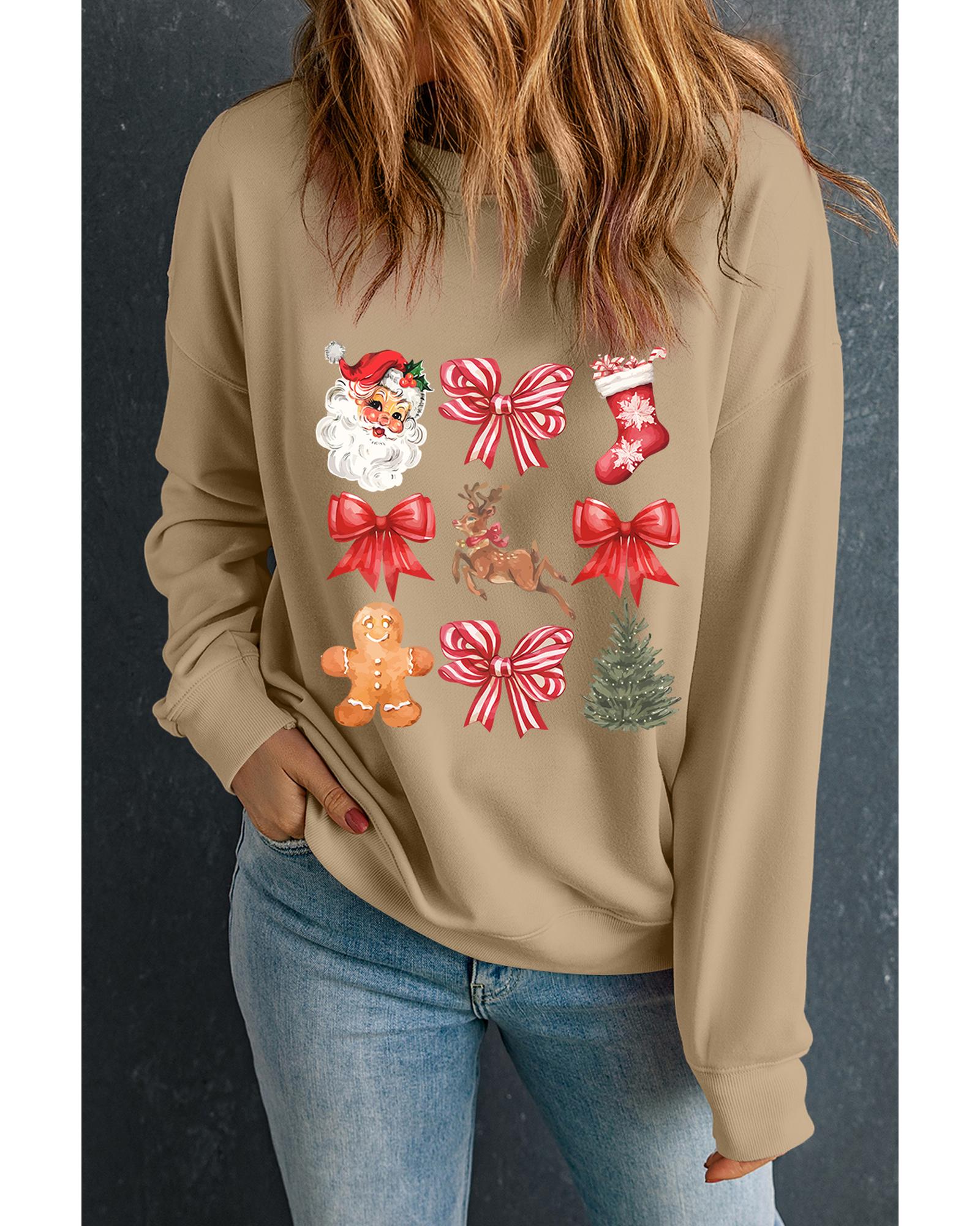 Khaki Christmas Pattern Graphic Crew Neck Sweatshirt - Image 4