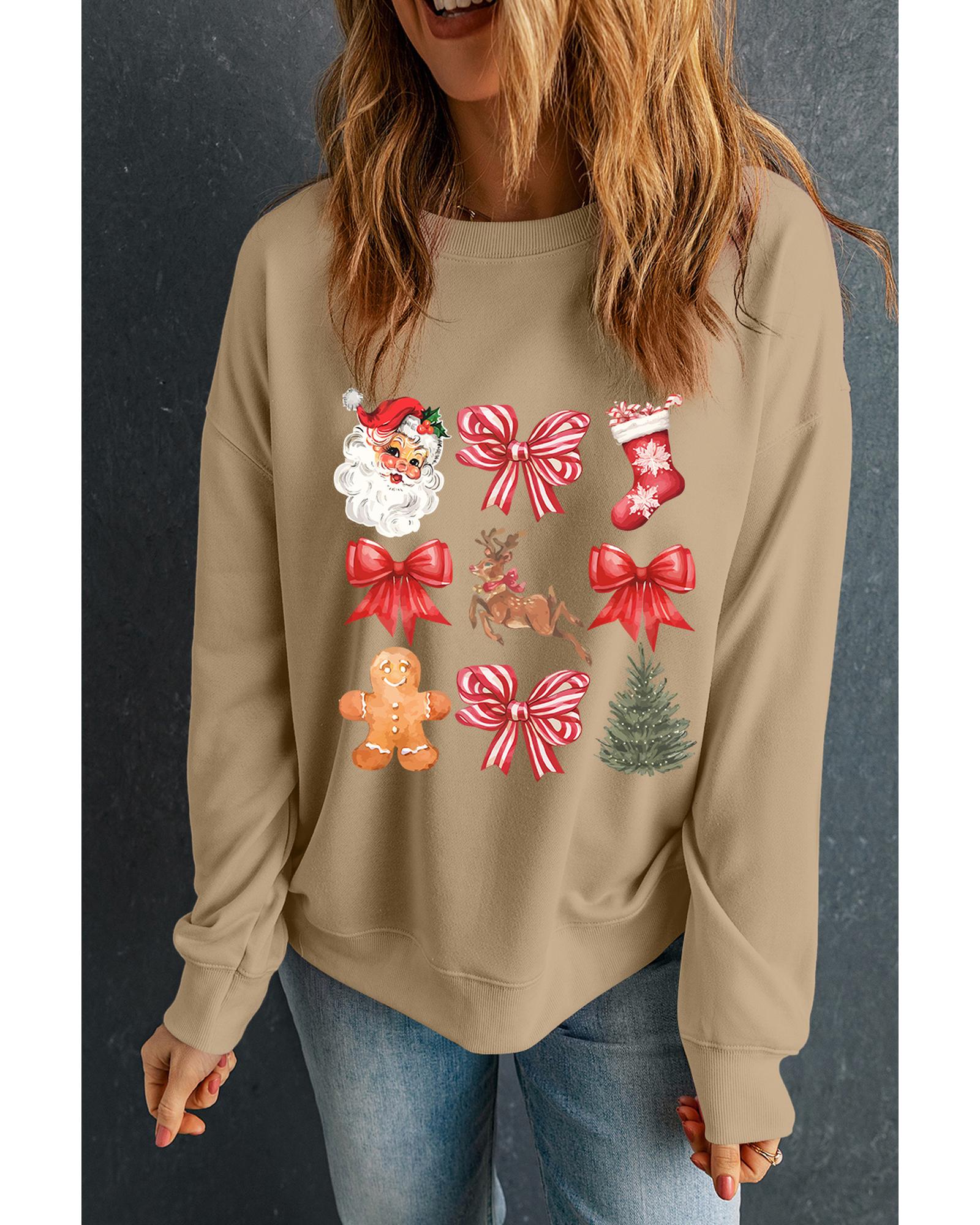Khaki Christmas Pattern Graphic Crew Neck Sweatshirt - Image 5