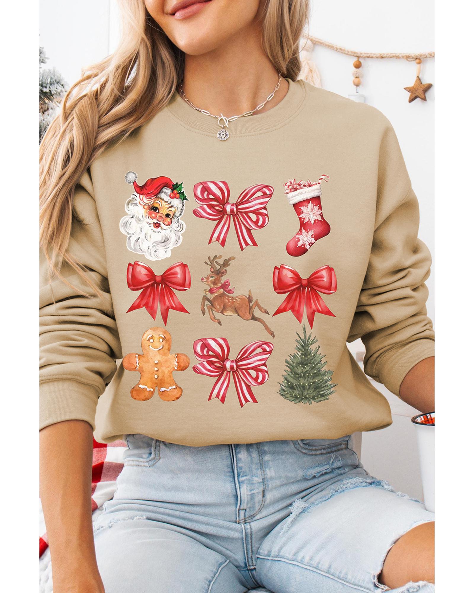 Khaki Christmas Pattern Graphic Crew Neck Sweatshirt - Image 6