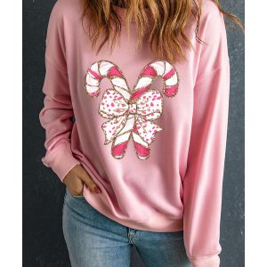 Pink Christmas Bow Candy Cane Graphic Drop Shoulder Crew Neck Sweatshirt