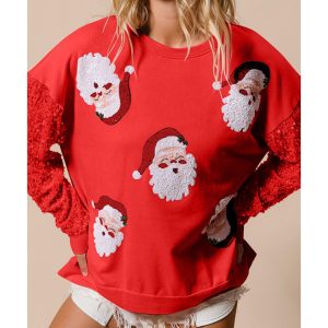 Fiery Red Sequined Santa Claus Long Sleeve Christmas Sweatshirt