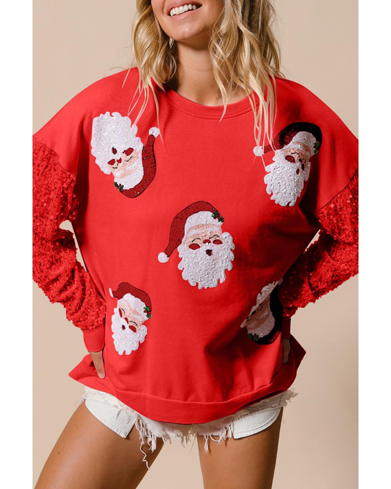 Fiery Red Sequined Santa Claus Long Sleeve Christmas Sweatshirt