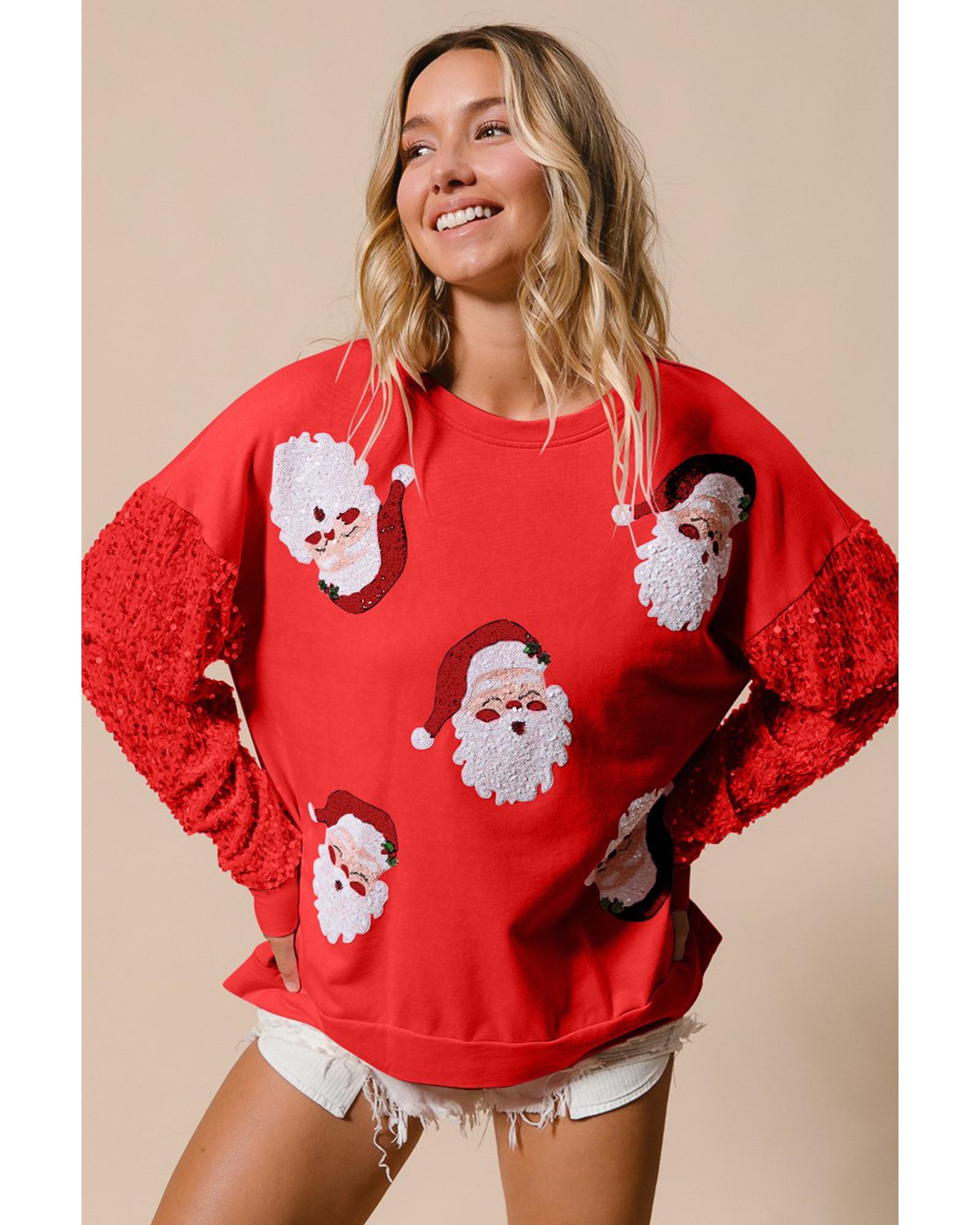 Fiery Red Sequined Santa Claus Long Sleeve Christmas Sweatshirt - Image 4