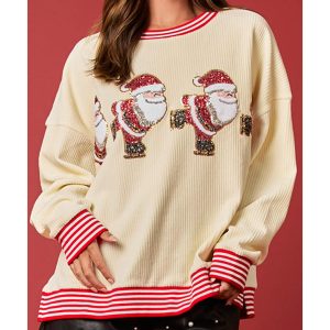Beige Santa Skiing Graphic Striped Trim Corded Sweatshirt
