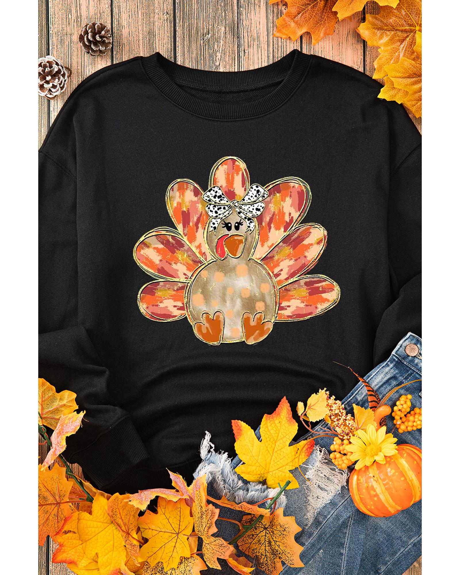 Black Thanksgiving Turkey Graphic Drop Shoulder Sweatshirt - Image 2