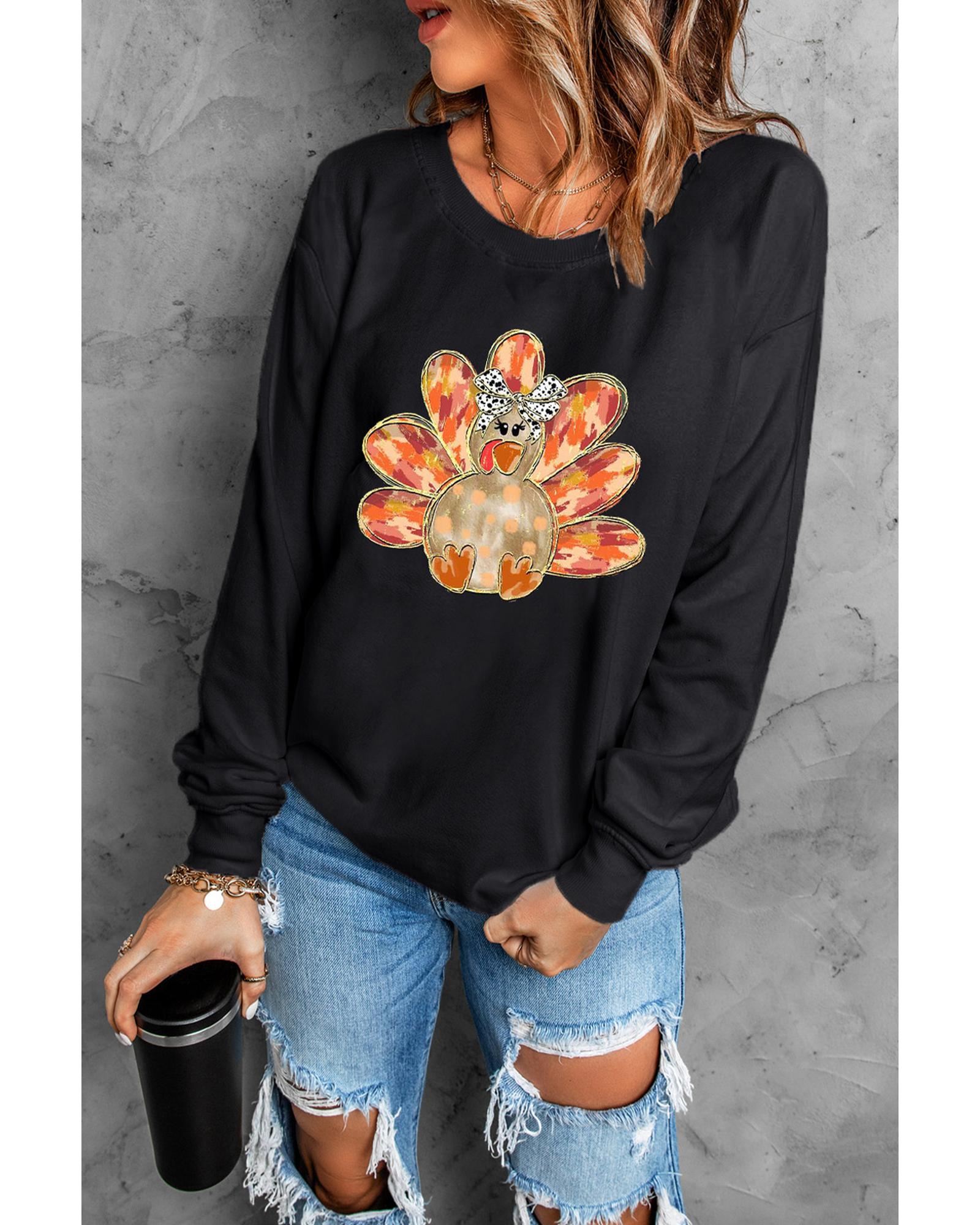 Black Thanksgiving Turkey Graphic Drop Shoulder Sweatshirt - Image 3