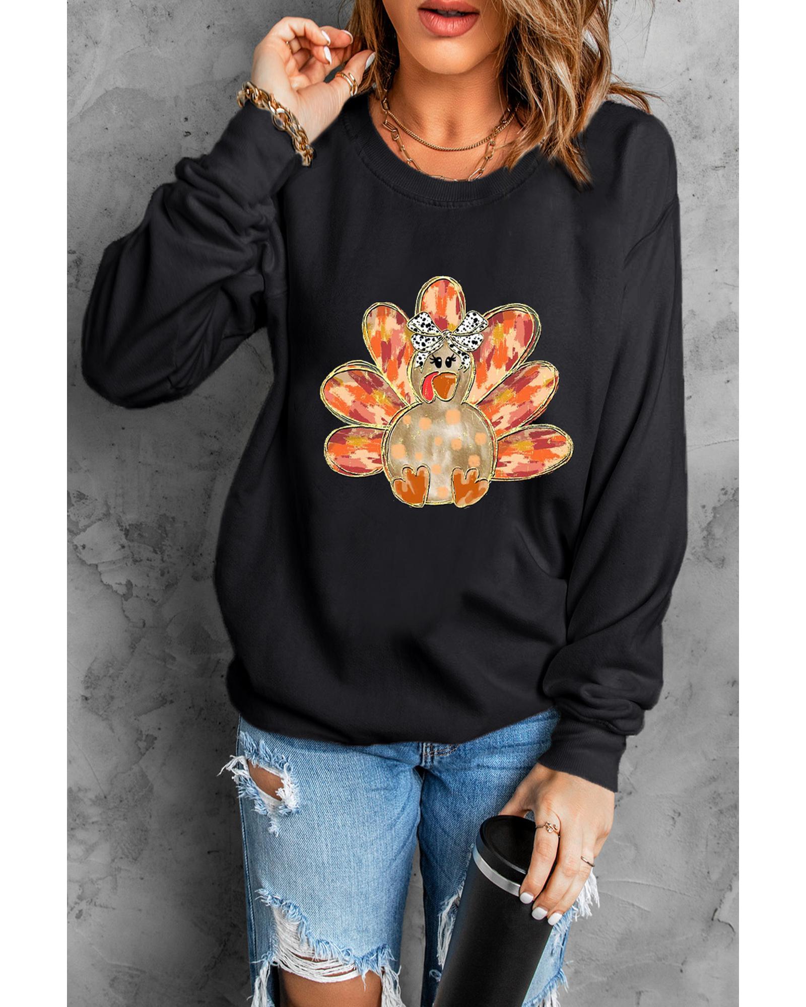 Black Thanksgiving Turkey Graphic Drop Shoulder Sweatshirt - Image 4