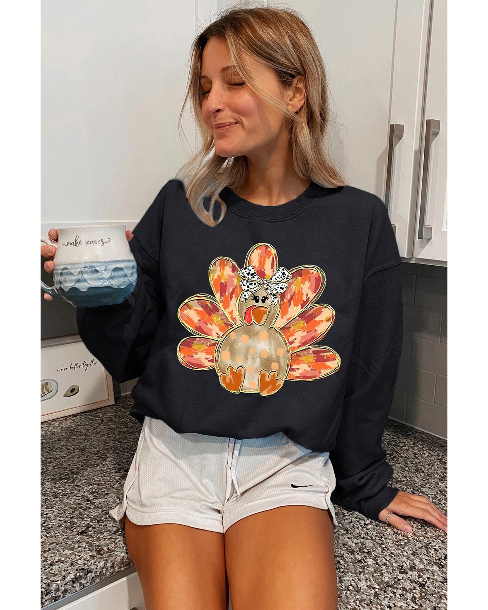 Black Thanksgiving Turkey Graphic Drop Shoulder Sweatshirt - Image 6