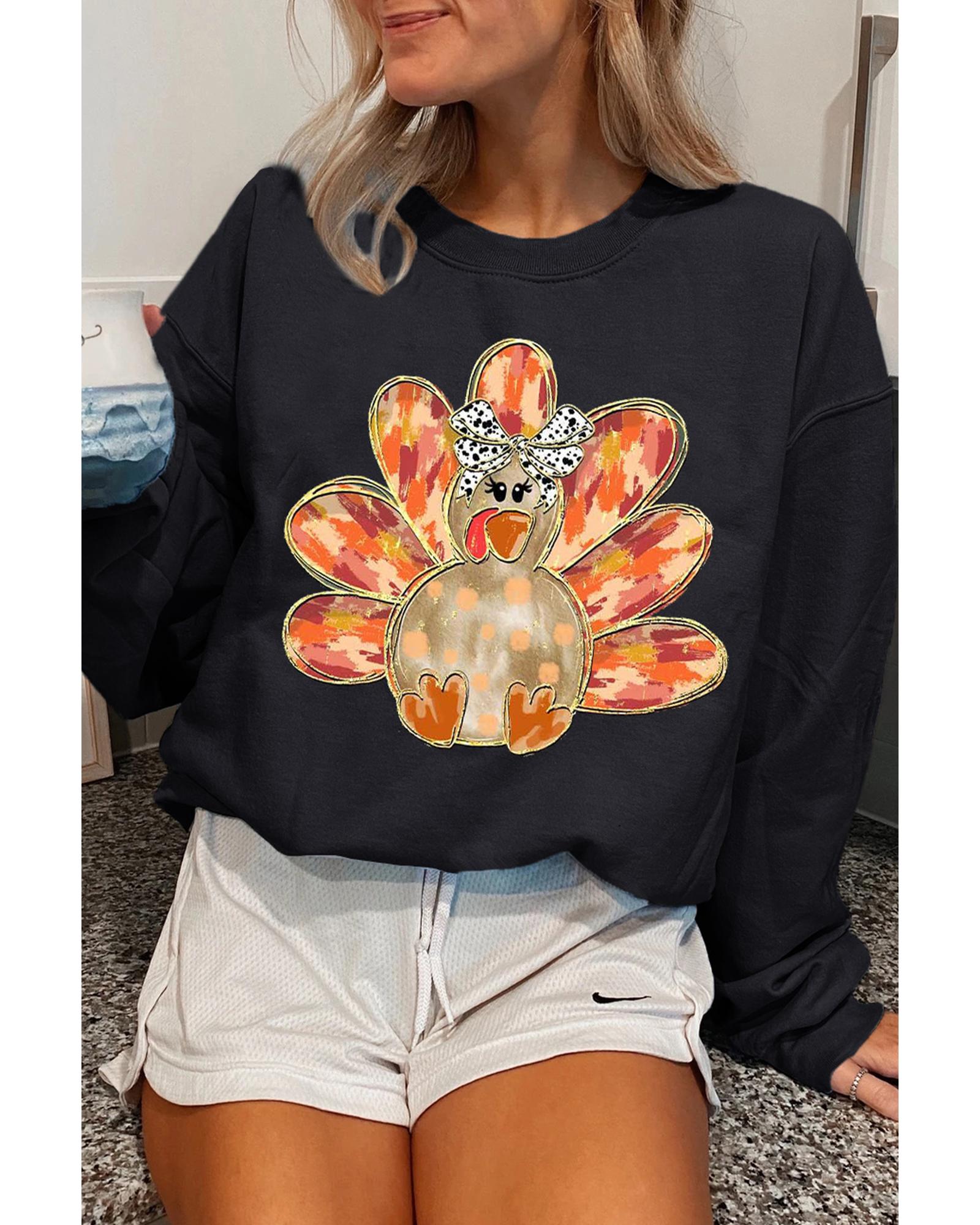 Black Thanksgiving Turkey Graphic Drop Shoulder Sweatshirt - Image 7