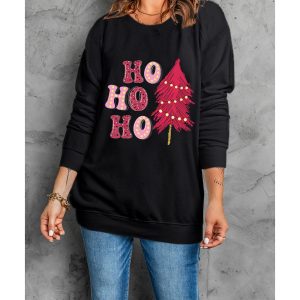 Black HO HO HO Christmas Tree Graphic Pullover Sweatshirt