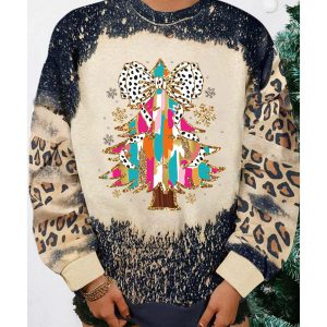 Black Christmas Tree Graphic Bleached Leopard Tie Dye Sweatshirt