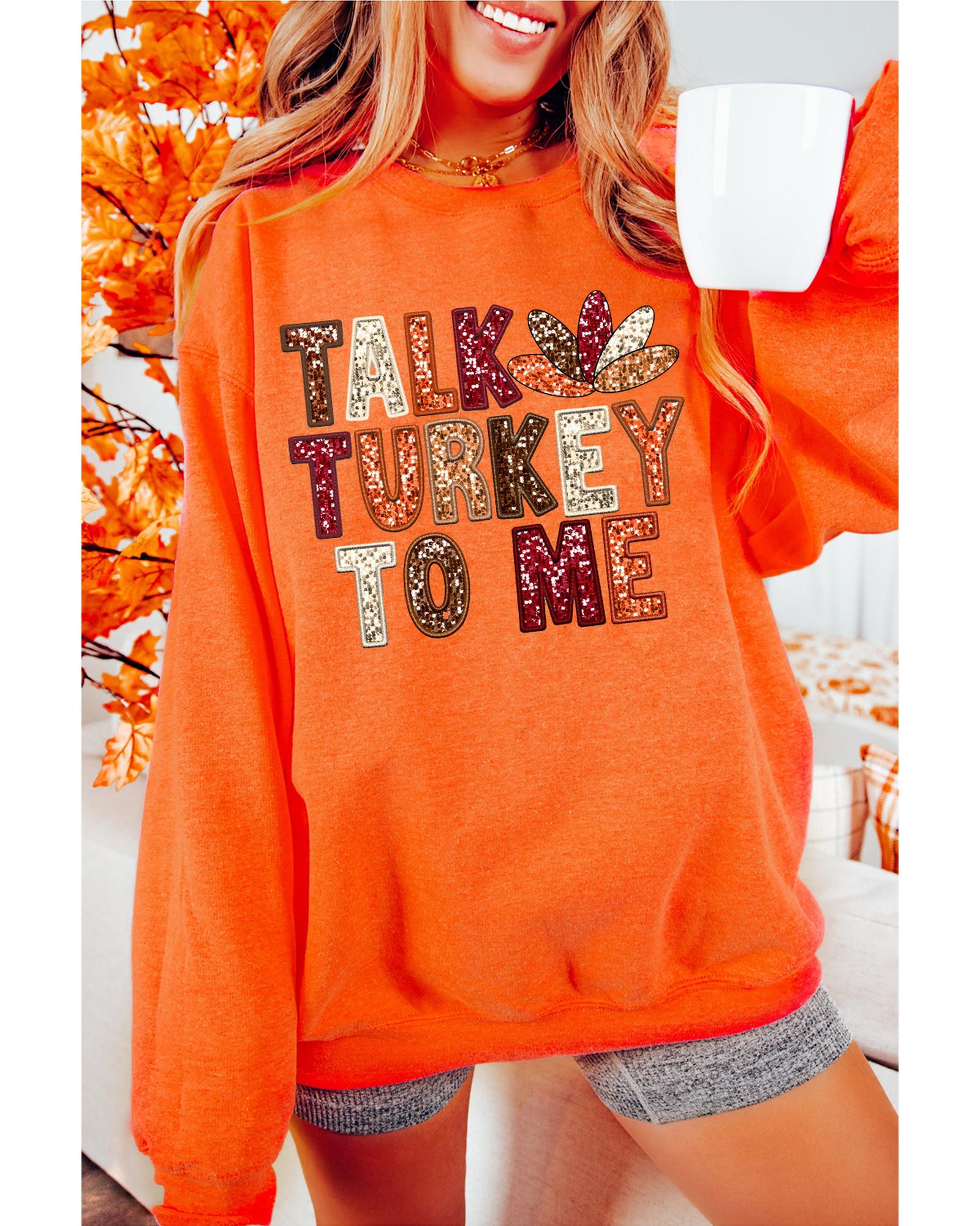 Orange TALK TURKEY TO ME Heat Transfer Printing Graphic Thanksgiving Holiday Sweatshirt - Image 4
