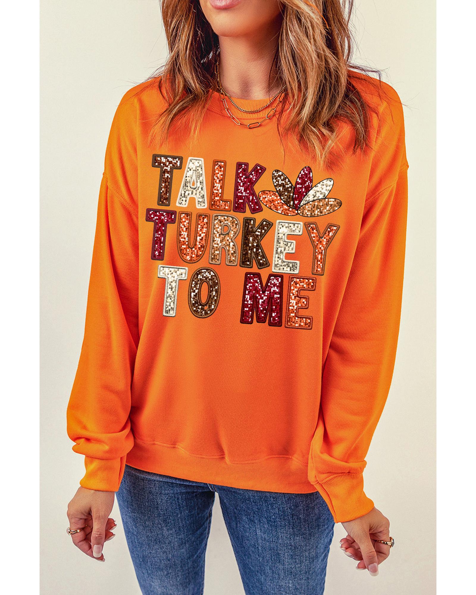 Orange TALK TURKEY TO ME Heat Transfer Printing Graphic Thanksgiving Holiday Sweatshirt - Image 5