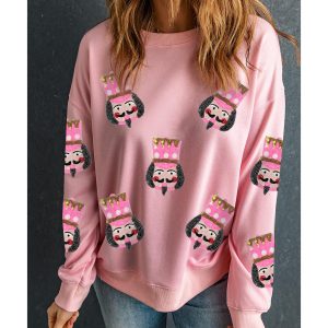 Pink Sequin Nutcracker Graphic Drop Shoulder Christmas Sweatshirt
