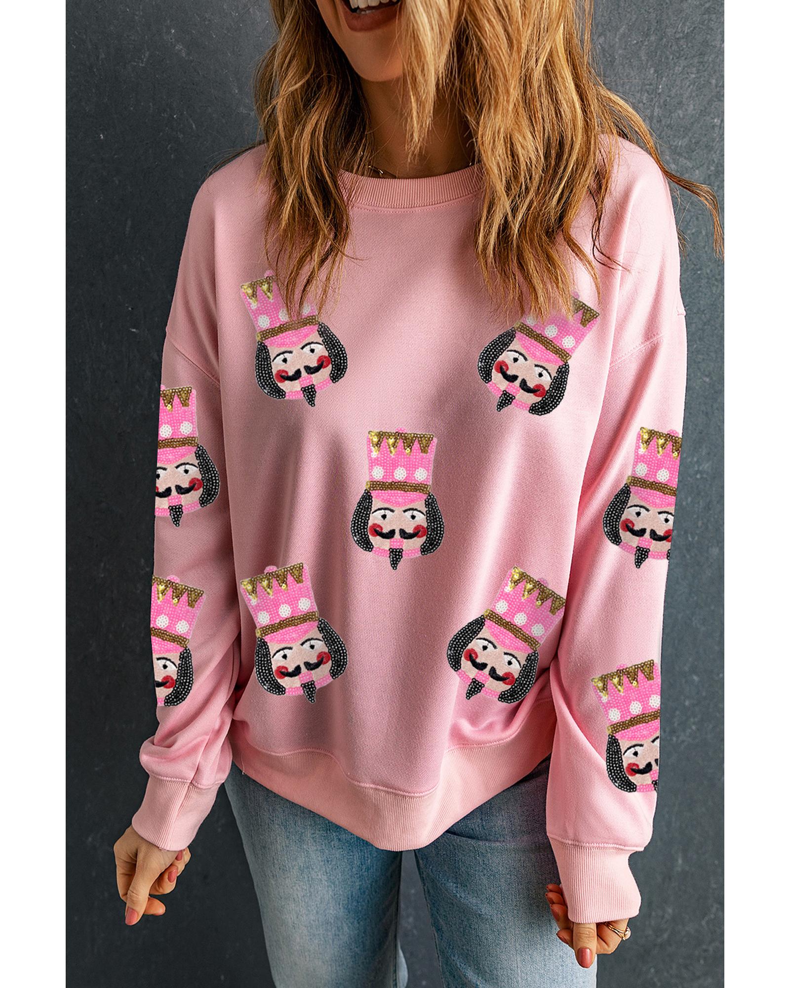 Pink Sequin Nutcracker Graphic Drop Shoulder Christmas Sweatshirt