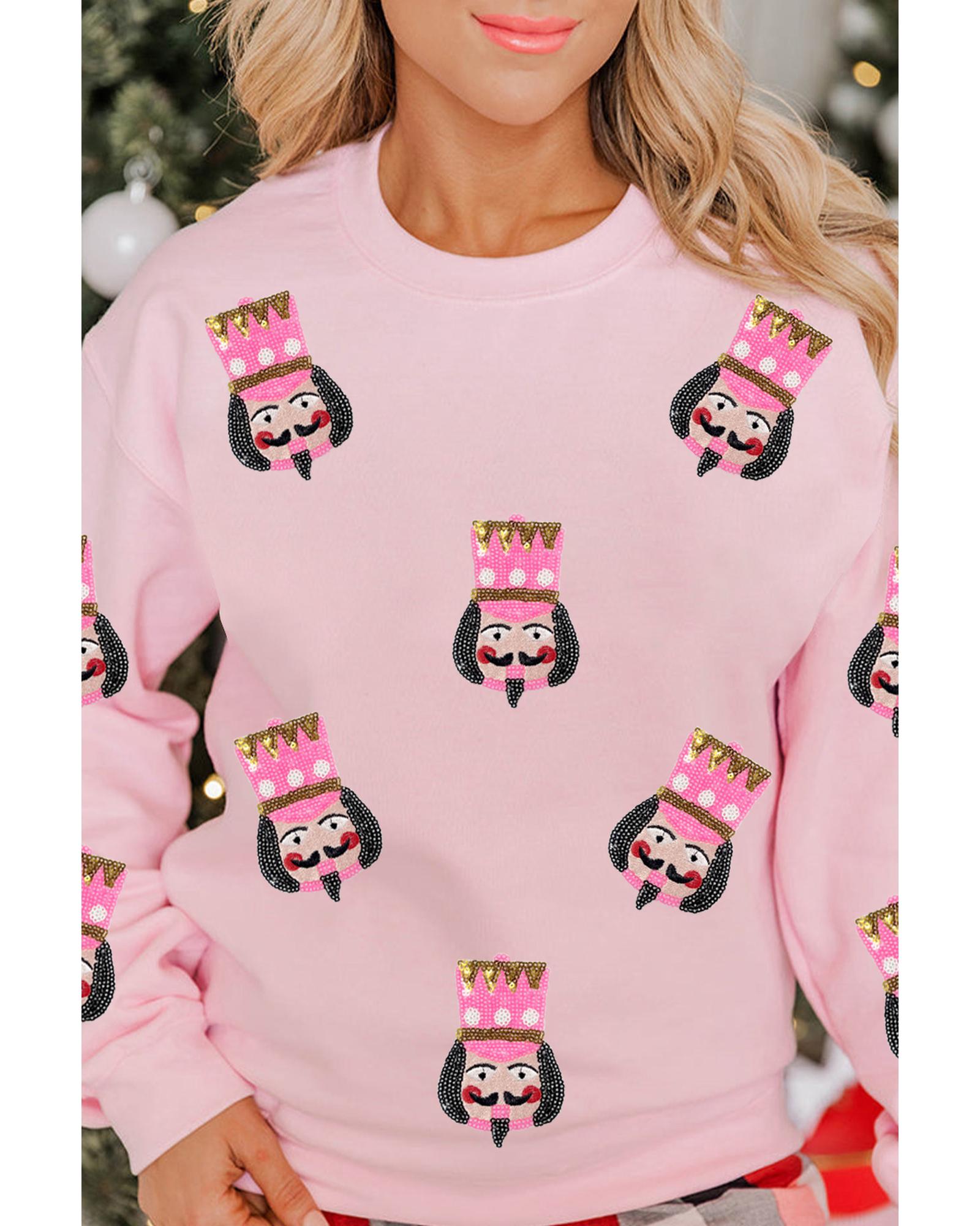 Pink Sequin Nutcracker Graphic Drop Shoulder Christmas Sweatshirt - Image 2