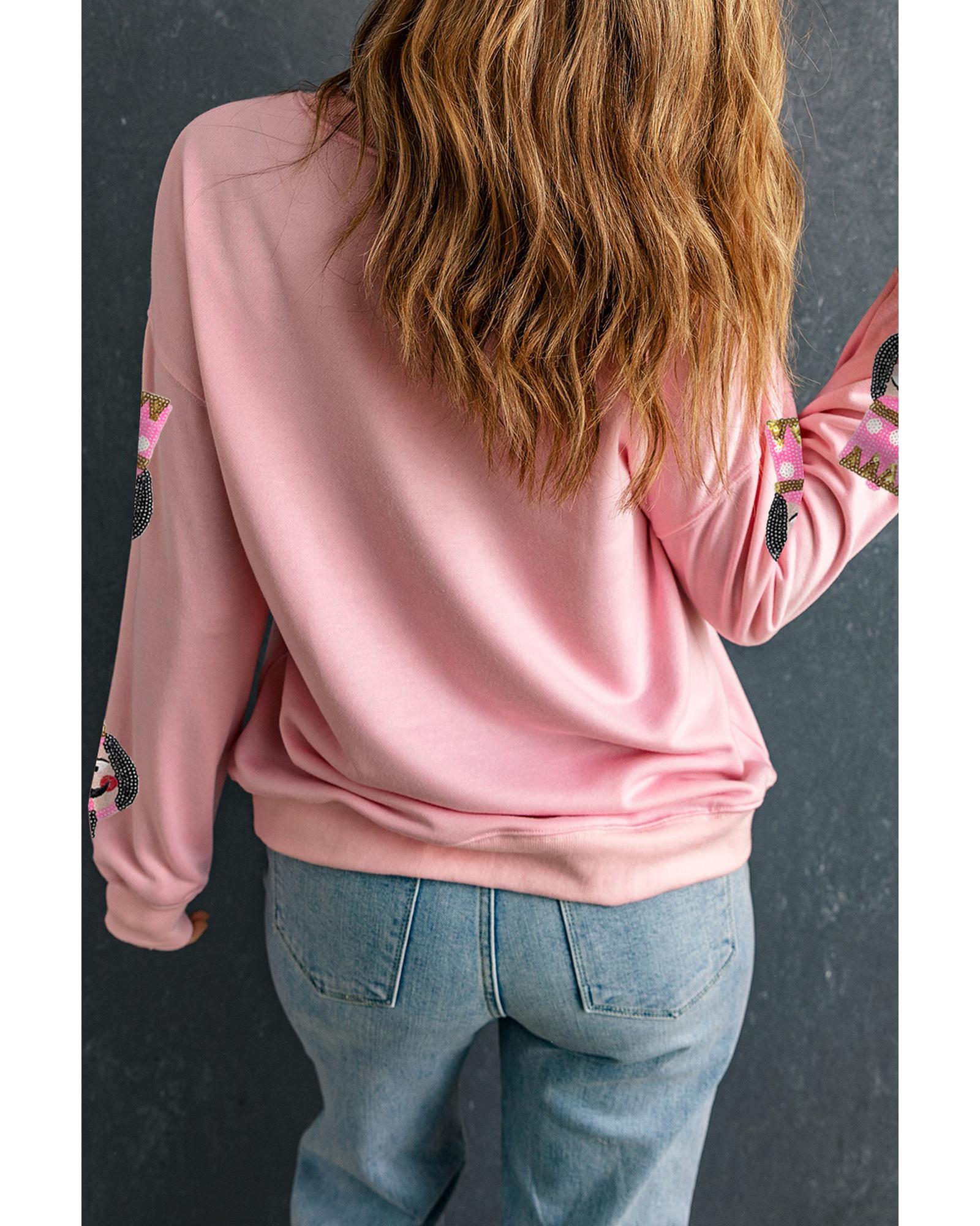 Pink Sequin Nutcracker Graphic Drop Shoulder Christmas Sweatshirt - Image 3