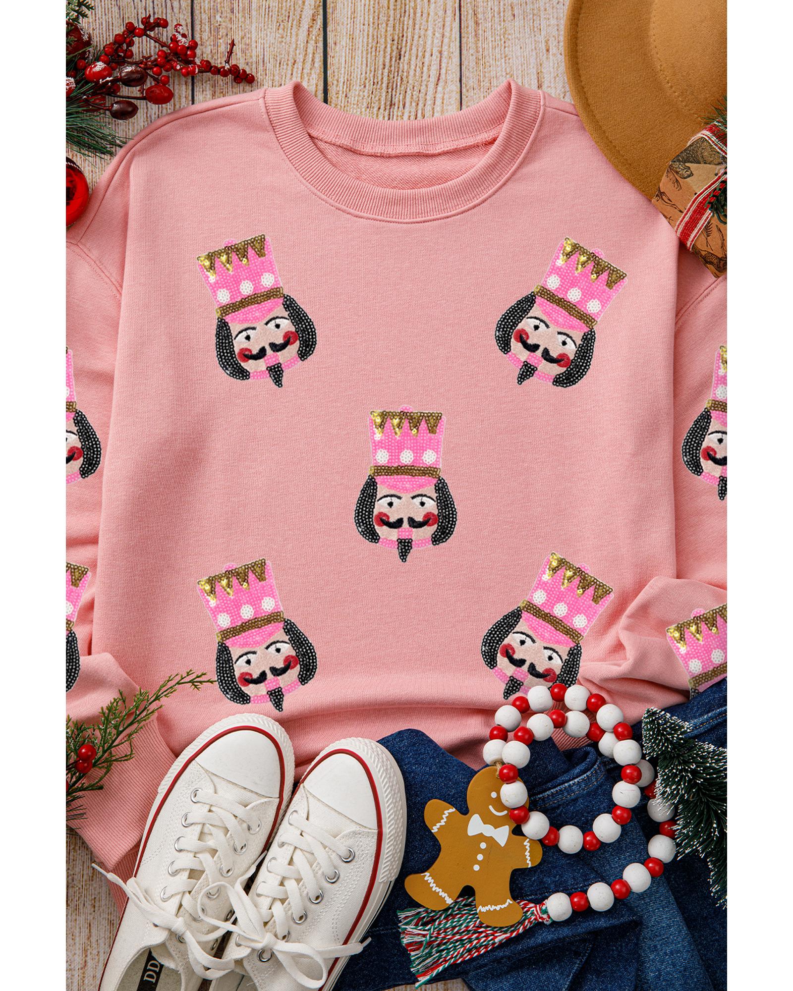 Pink Sequin Nutcracker Graphic Drop Shoulder Christmas Sweatshirt - Image 4
