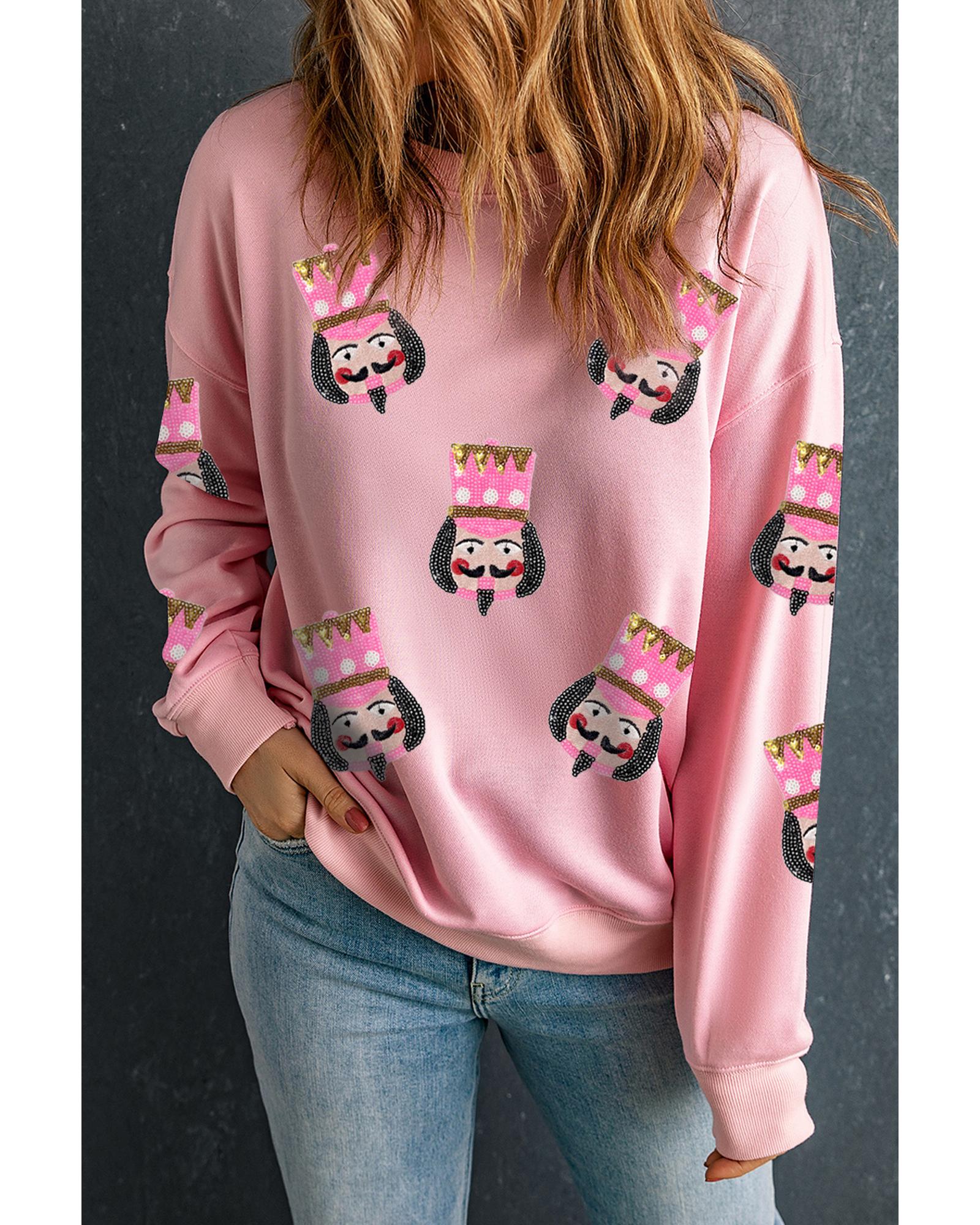 Pink Sequin Nutcracker Graphic Drop Shoulder Christmas Sweatshirt - Image 5
