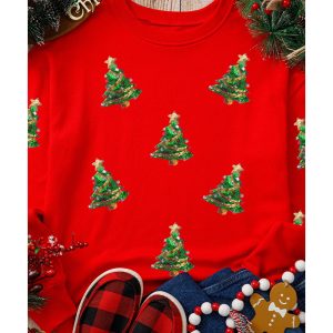 Red Sequin Christmas Tree Graphic Drop Shoulder Sweatshirt