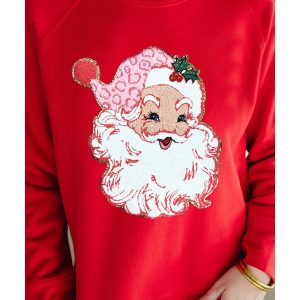 Red Santa Claus Graphic Crewneck Raglan Sleeve Christmas Sweatshirt