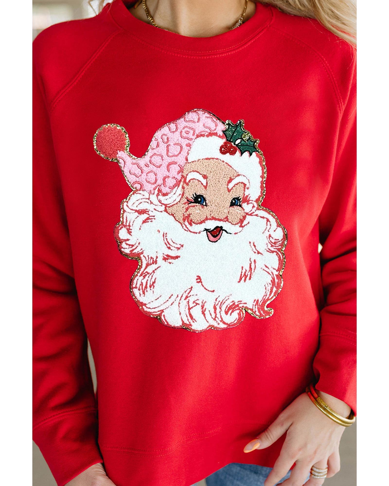 Red Santa Claus Graphic Crewneck Raglan Sleeve Christmas Sweatshirt